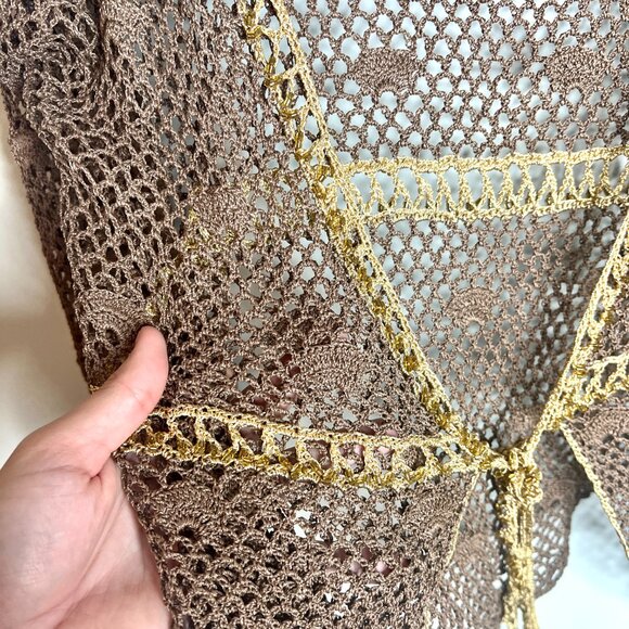 Vtg Kroshetta by Papillon Brown Crochet Beaded Open Knit Cardigan Boho Y2K Sz M - Picture 5 of 6